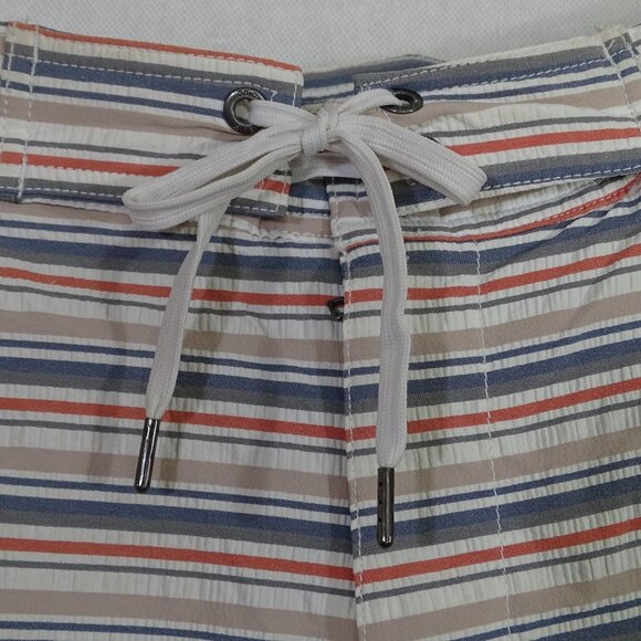 Onia Striped Swim Board Shorts Men Size L Zipper Fly Cream Gray Tan Pockets - Picture 2 of 12